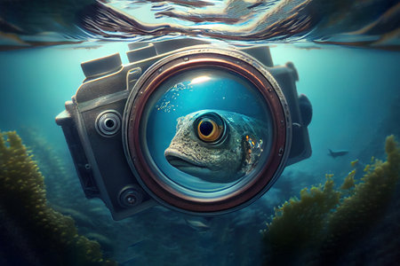 photo camera with fish portrait in the ocean. Generative Aiの素材