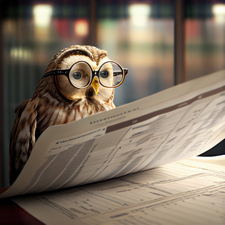 owl in glasses reading a newspaper. Generative Aiの素材