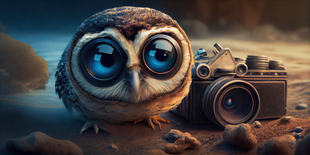 owl with photo camera, panoramic image. Generative Aiの素材