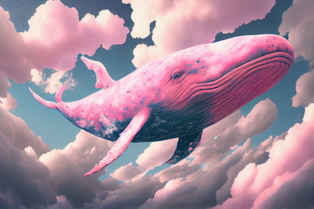 pink whale flying in the sky. Generative Aiの素材
