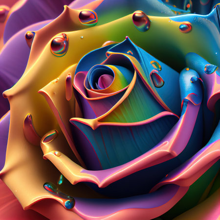 blooming rainbow rose with water drops. Generative Aiの素材