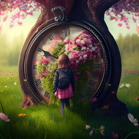 little girl looking on cartoon tree with clock, springtime concept. Generative Aiの素材