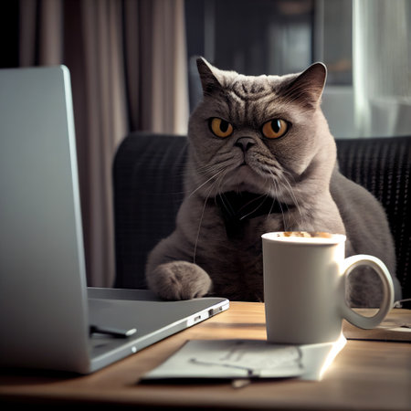 sad cat working on a laptop, concept of self-isolation. Generative Aiの素材