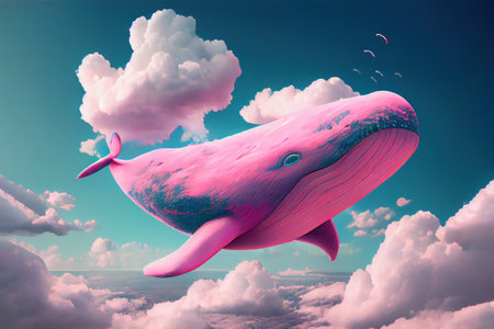 pink whale flying in the sky. Generative Aiの素材