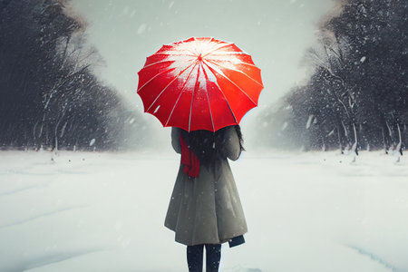 Woman under red umbrella in snow. Generative Aiの素材