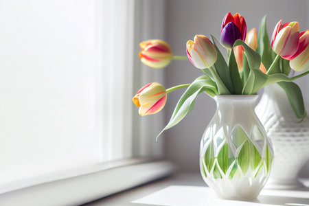 Vase with beautiful tulips on table, springtime concept. Generative Aiの素材