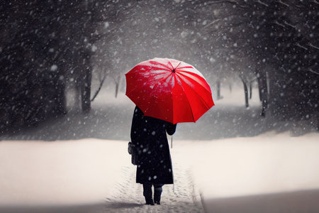 Woman under red umbrella in snow. Generative Aiの素材