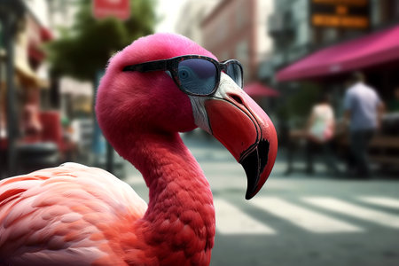 pink flamingo in sunglasses, summertime concept. Generative Aiの素材