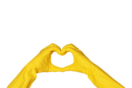 Hands in gloves making heart shape isolated on white background, love cleanliness concept