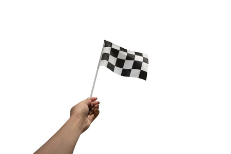 hand holding a checkered flag  isolated on white backgroundの写真素材