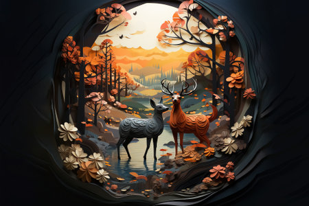 Paper art style of autumn landscape with deer family in a forest. Generative Aiの素材