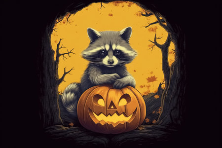 raccoon with pumpkin, halloween greeting card. Generative Aiの素材