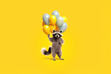 raccoon holding balloons over yellow background, happy birthday concept. Generative Aiの素材
