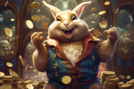 happy rabbit in gold coins. Generative Aiの素材