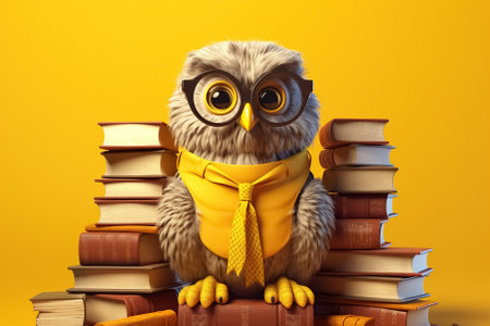 cute owl professor with books over yellow background. Generative Aiの素材