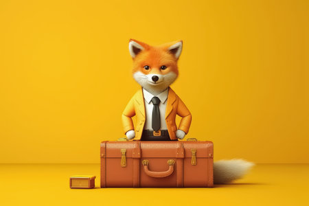 fox with a suitcase over yellow background, travel concept. Generative Aiの素材