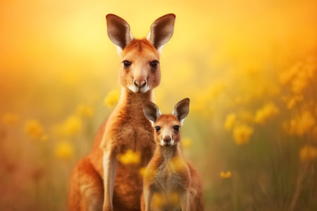Mother kangaroo with her little cute baby kangaroo. Generative Aiの素材