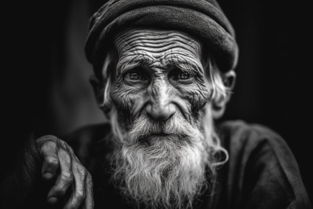 portrait of lonely elderly bearded man,  black and white portrait. Generative Aiの素材