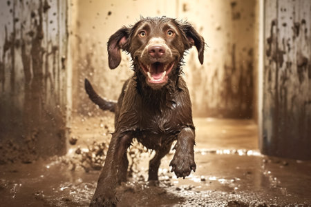 Muddy dog sitting in a puddle. Generative Aiの素材