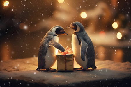 couple penguins and gift box, new year surprise. Generative Aiの素材