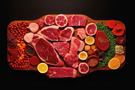 raw meat and vegetables on a wooden board. Generative Aiの素材