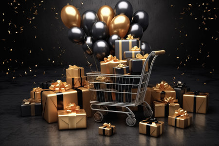 trolley with gift boxes, black friday concept. Generative Aiの素材