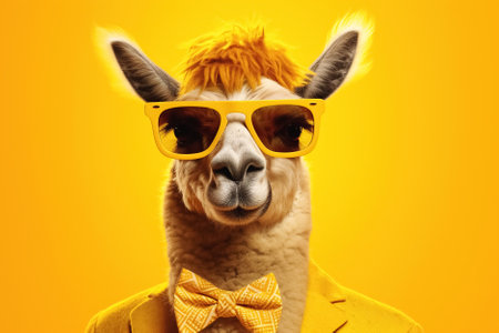 trendy llama in sunglasses over yellow background. Generative Aiの素材