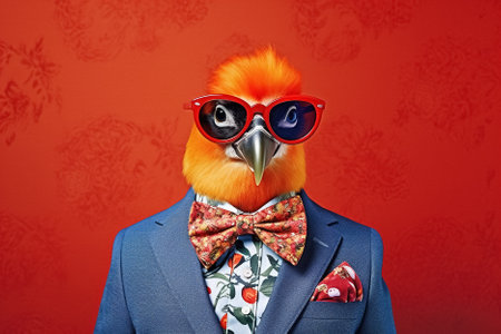 rooster in sunglasses over red background. Generative Aiの素材