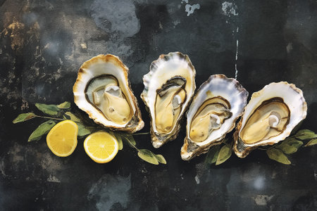 Oysters with lemon on a dark background. Generative Aiの素材