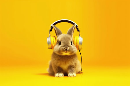 Adorable baby rabbit in headphones on yellow background, music lover. Generative Aiの素材