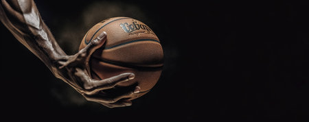 black hand holding basketball, basketball game concept, panoramic layout. Generative Aiの素材
