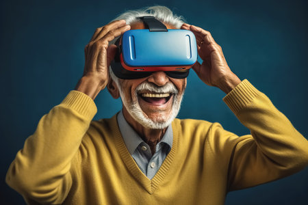 senior man with virtual headset or vr glasses playing videogame, technology, augmented reality. Generative Aiの素材
