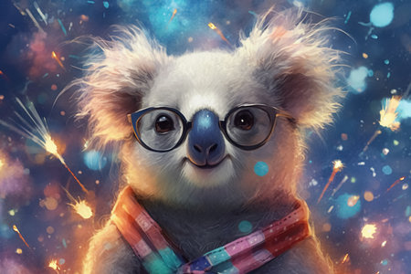 Happy New Year design with cute koala and firework. Generative Aiの素材