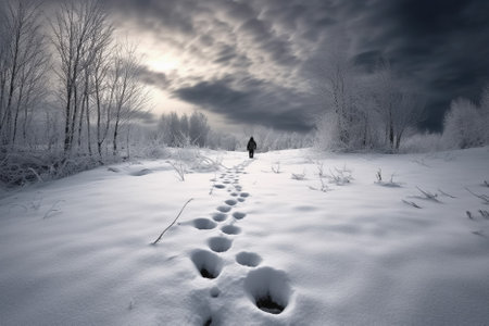 Man walking away and leaving his footprints on the endless empty snow field in a cold winter day. Generative Aiの素材