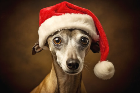 Christmas greeting postcard, dog in a Christmas hat. Generative Aiの素材