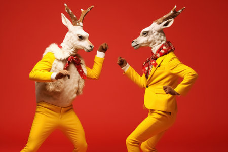 Christmas reindeers dancing on a red background, Merry Christmas concept. Generative Aiの素材