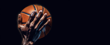 man hand holding basketball, basketball game concept, panoramic layout. Generative Aiの素材
