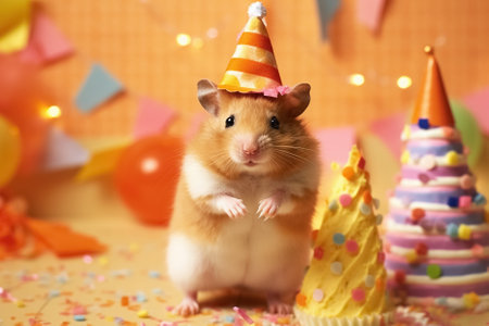little hamster in festive conus, concept of holiday or birthday party. Generative Aiの素材