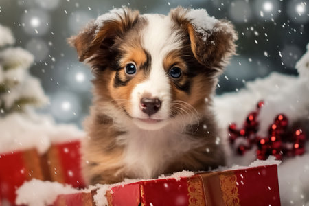 cute fluffy puppy and gifts, Merry Christmas postcard. Generative Aiの素材