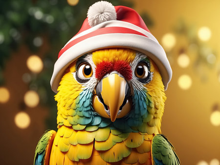 parrot in Christmas hat, Merry Christmas card. Generative Aiの素材