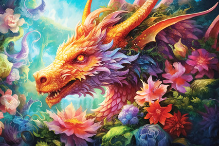 Chinese Dragon and flowers, Happy New year. Generative Aiの素材
