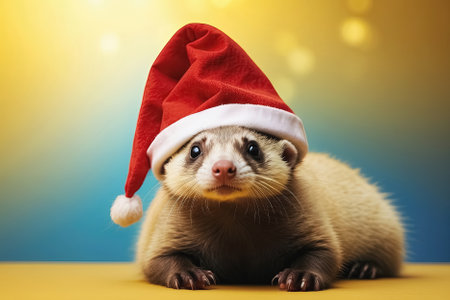 ferret in a Christmas hat, Merry Christmas card. Generative Aiの素材