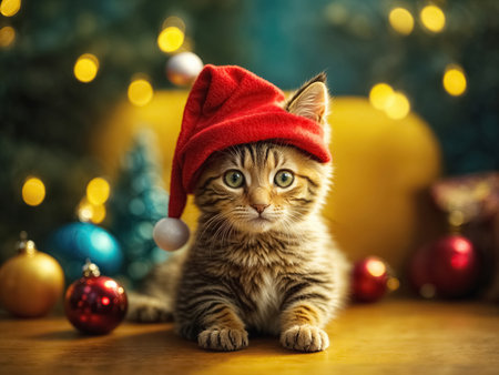 cat in a Santa hat, Merry Christmas greeting card. Generative Aiの素材