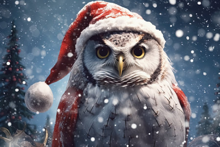 owl in a santa hat, Merry Christmas card. Generative Aiの素材