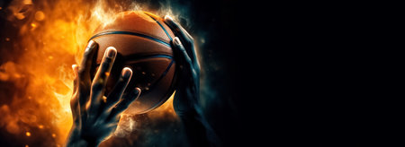 black man hand holding a burning basketball, basketball game concept, panoramic layout. Generative Aiの素材