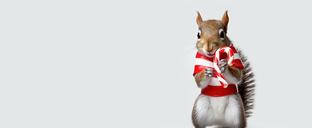 squirrel with a candy cane, Merry Christmas, greeting card, panoramic layout. Generative Aiの素材