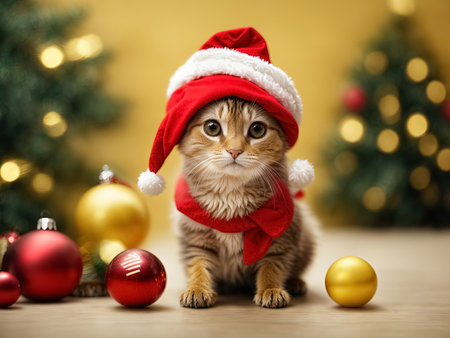 cat in a Christmas hat, Merry Christmas greeting card. Generative Aiの素材