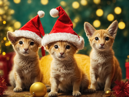lions in Christmas hats, Merry Christmas greeting card. Generative Aiの素材