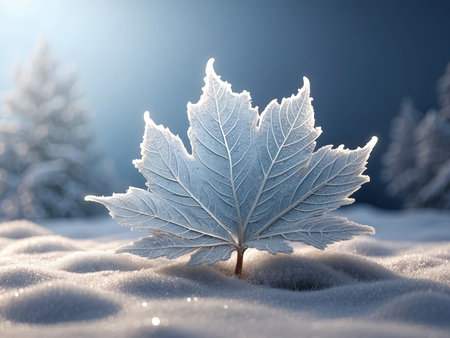 Frosted maple leaf on a snow in the forest. Generative Aiの素材