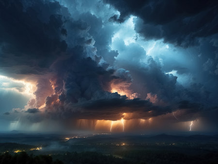 Stormy sky with lightning and stormy clouds. Generative Aiの素材